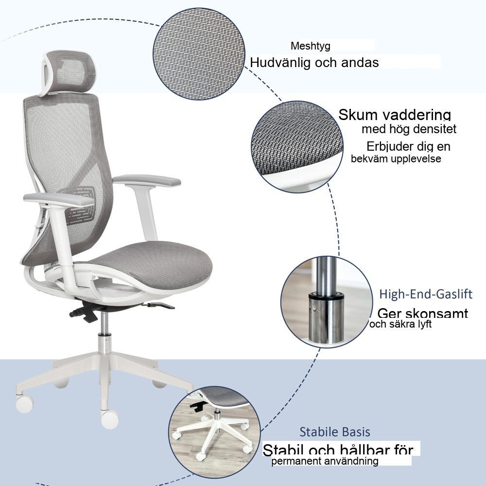 Ergonomisk kontorsstol med justerbart nackstöd och armstöd – Grå