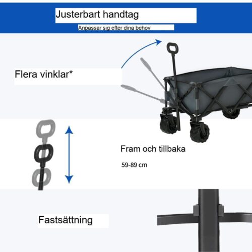 Kraftig hopfällbar vagn med teleskophandtag, 70 kg kapacitet för trädgårds- och strandresor