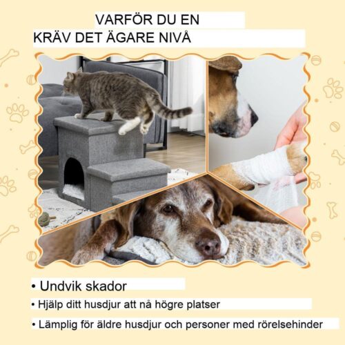 Bekväm 3-stegs hundtrappa med förvaring och kattgrotta – upp till 10 kg