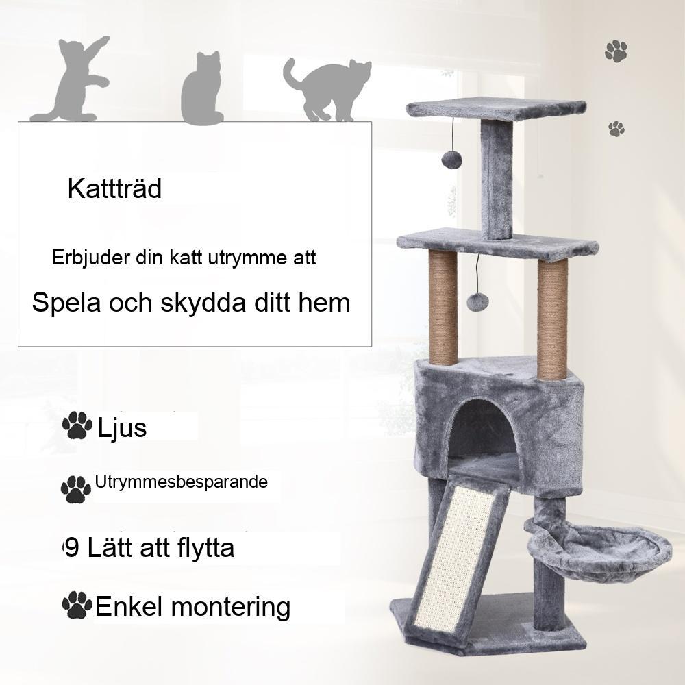 Grå kattträd med skrapstolpar, plattformar och hängsäng