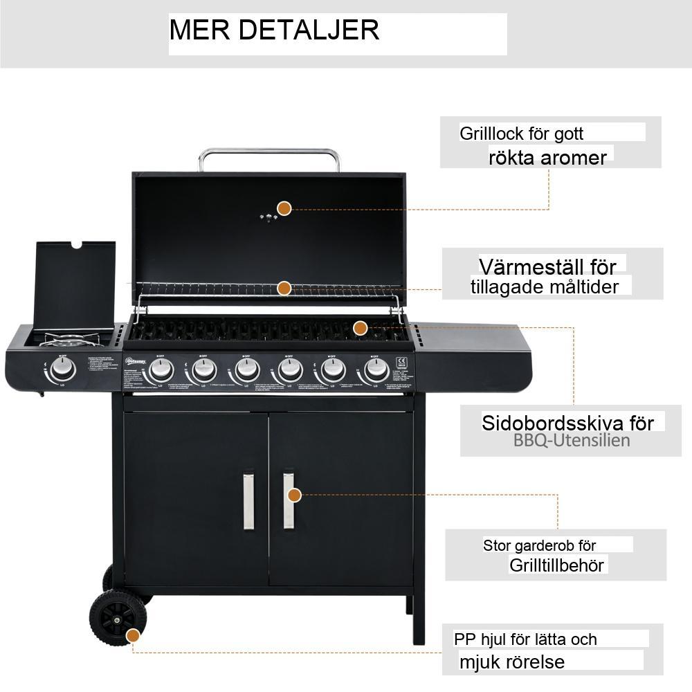 6 brännare svart gasgrillvagn med sidobrännarskåp