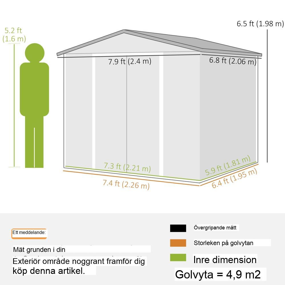 Rymligt 4,4 m² verktygsskjul i galvaniserat stål med skjutdörr och fundament