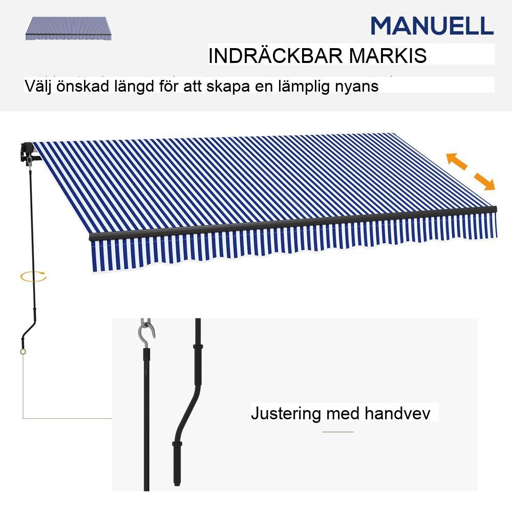 Balkongmarkis i blått och vitt aluminium med handvev, solskydd