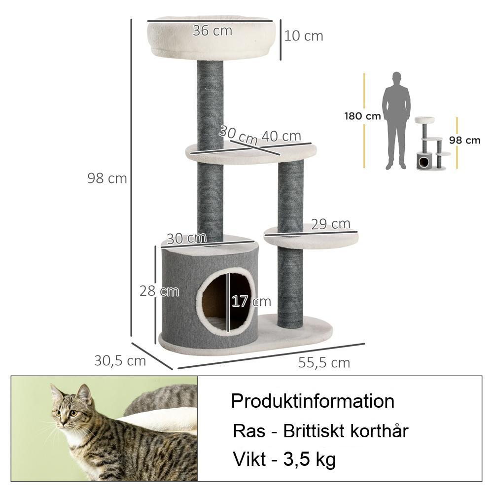 Stabilt 98 cm kattträd med skrapstolpar, grotta och plattformar