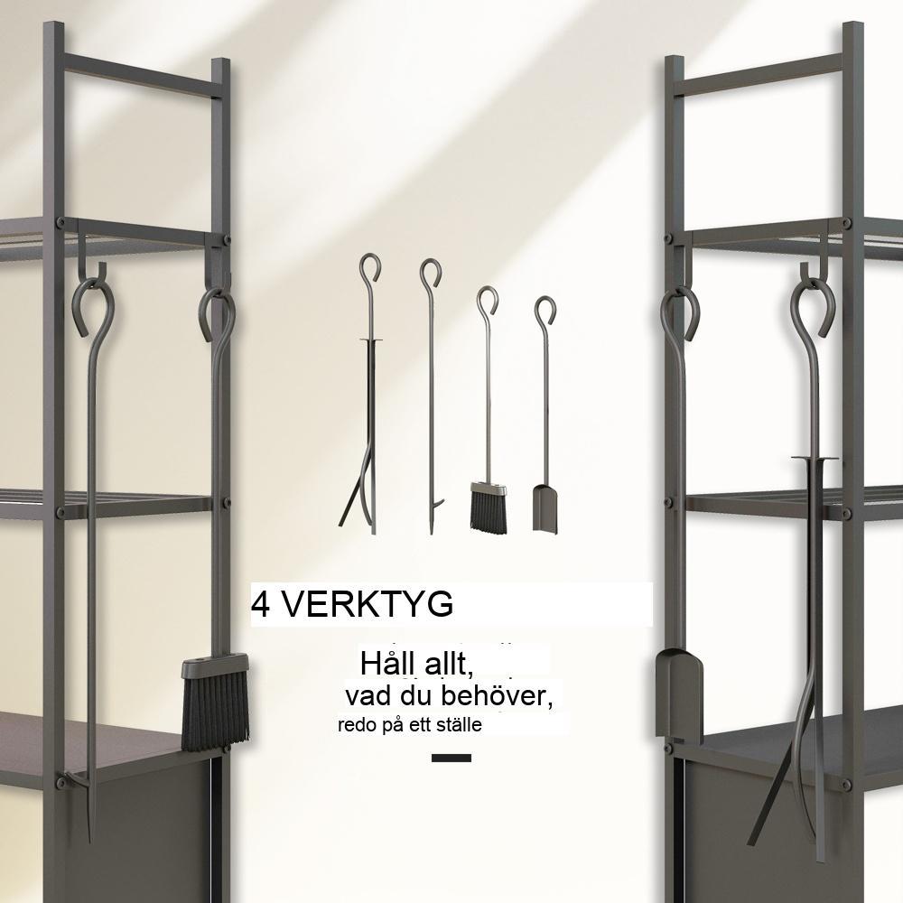 Vedställ i svart metall med hjul, 4 hyllor, upp till 60 kg kapacitet