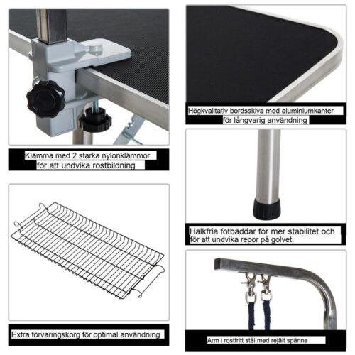 Professionellt hopfällbart hundtrimmningsbord med justerbar bom och bas i rostfritt stål