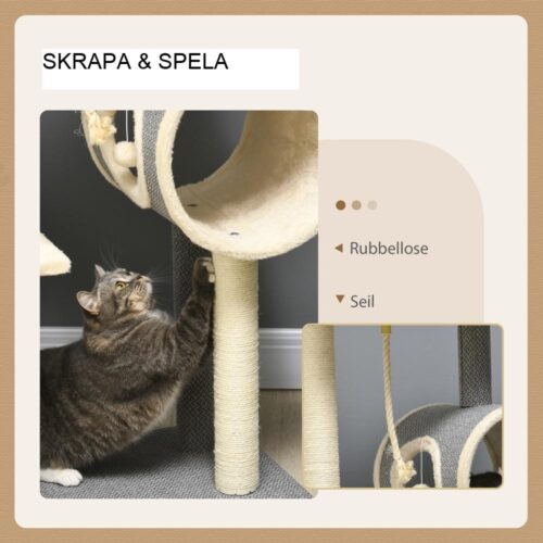 Grått kattträd med skrapstolpar, kattgrotta och lekboll, upp till 5 kg