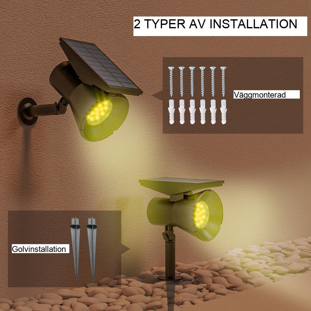 Solar trädgårdslampor, 2 färglägen, vattentät, svart, golv- och väggmonteringsset om 2