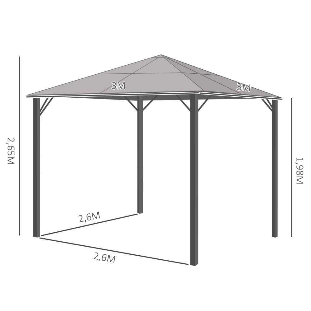 Stort 3x3m Hardtop Garden Gazebo med PC-tak och sidopaneler – Grå