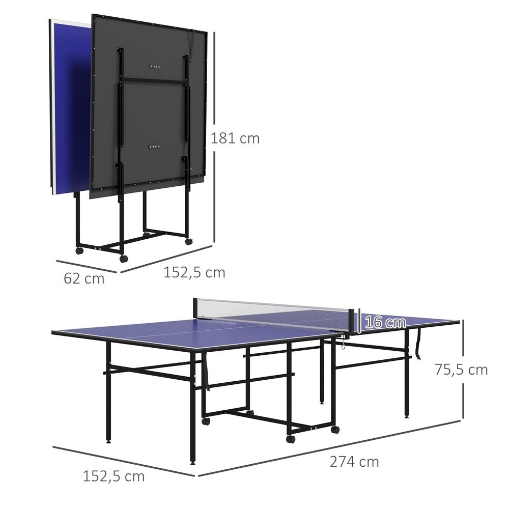 Vikbart bordtennisbordsset med hjul, 2 fladdermöss och 3 bollar, blå