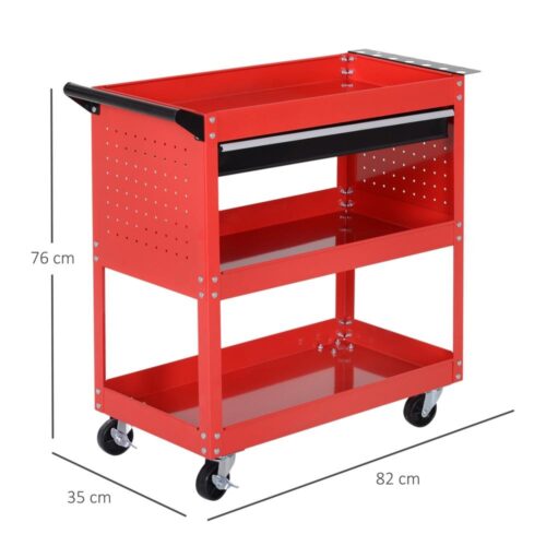 Red Steel Tool Trolley med låda, 60 kg kapacitet, garageförvaring