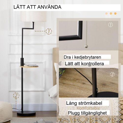 Modern golvlampa med hylla, USB-laddning och krämfärgad linneskärm