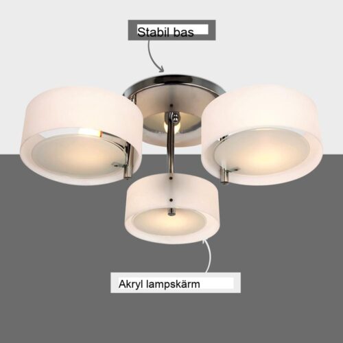 Modern 3-lamps krom taklampa | Varm vit akrylskärm | E27 Uttag | Vardagsrumsbelysning