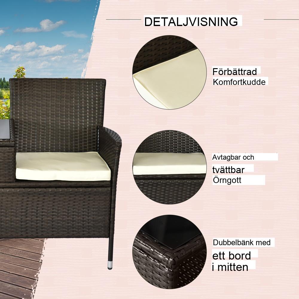 Brun 2-sits polyrattan trädgårdsbänk med bord för terrass och balkong