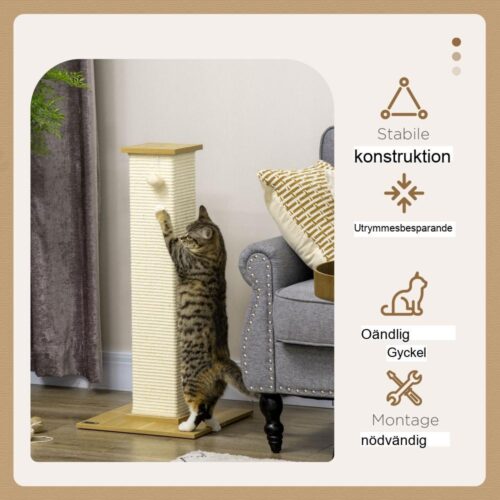 Utrymmesbesparande Sisal Cat Scratching Post med lekboll och stor lounge