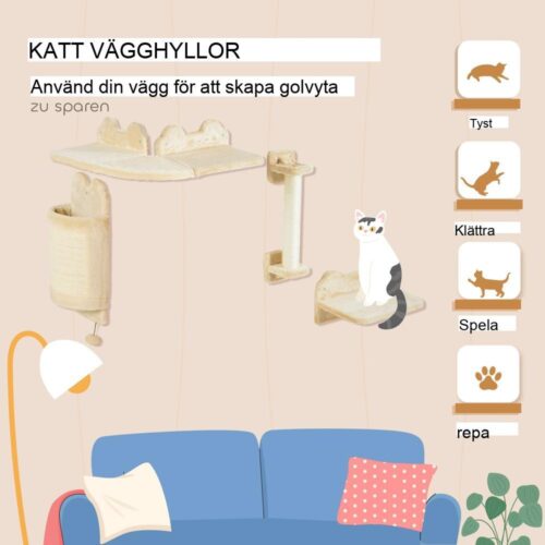 Beige kattklätterväggsset, 4-delat med skrap- och lekplattformar