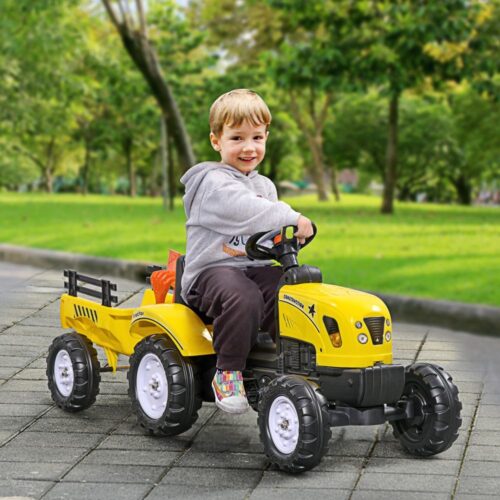 Gul pedaltraktor med släp och verktyg, leksak för barn från 3 år och uppåt