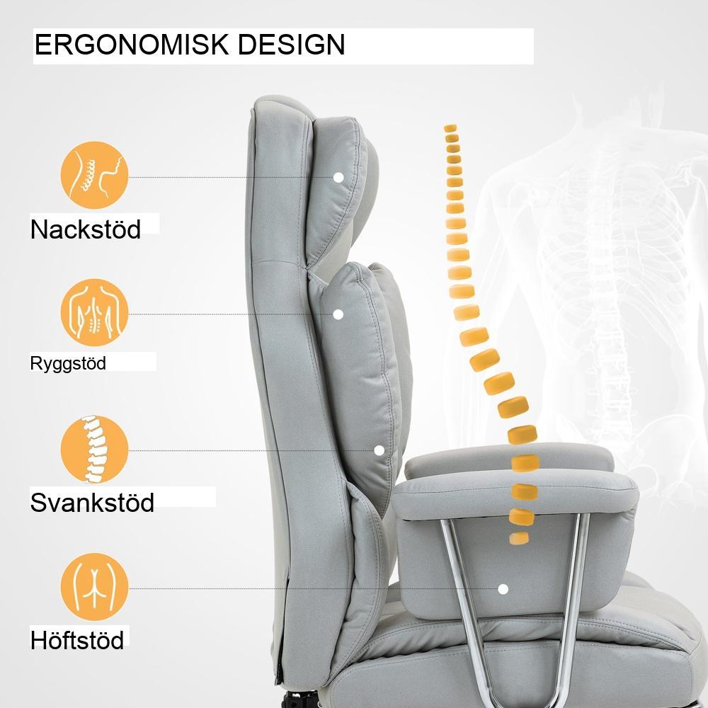 Ergonomisk kontorsstol med liggfunktion, justerbar höjd och fotstöd (ljusgrå)