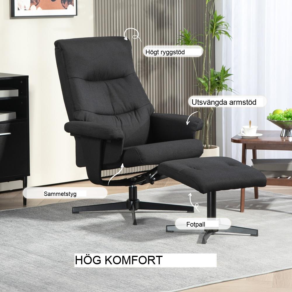 Black Velvet Recliner Stol med gung- och vridfunktion samt fotpall