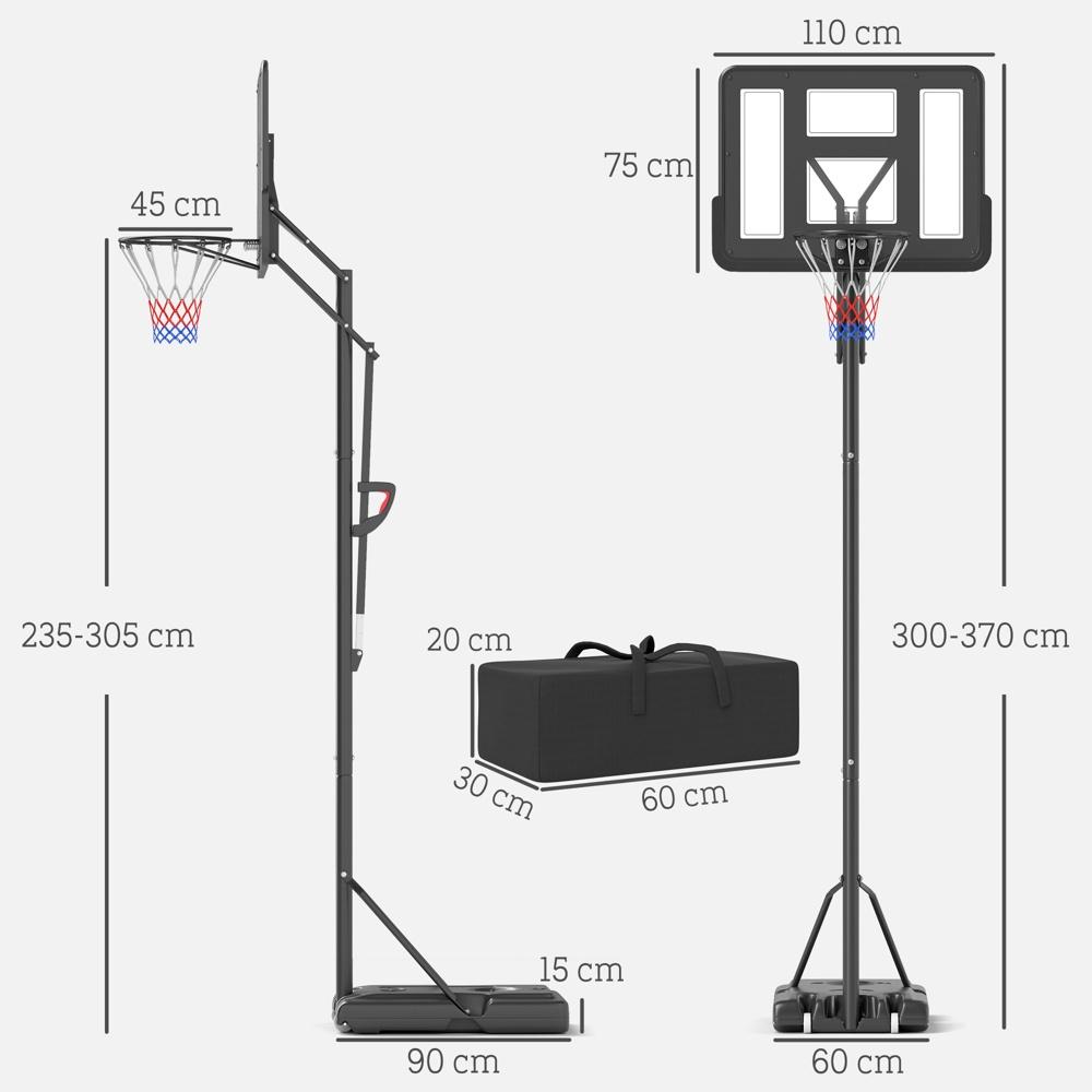 Justerbart stativ för basketbåge, höjd 230-305 cm, splittersäker ryggbräda, hjul