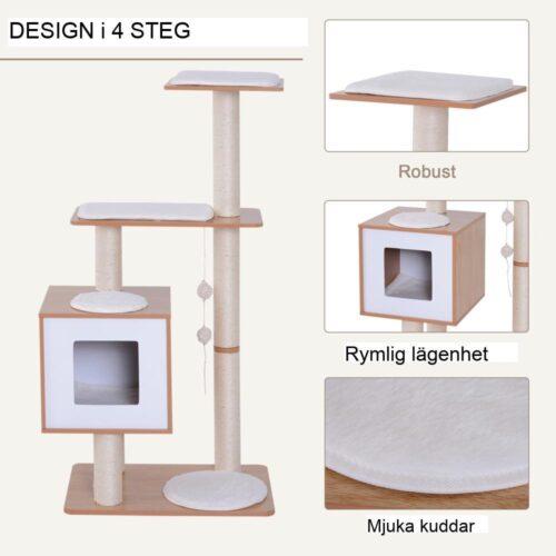 Kattträd i naturligt trä med sisal-krapstolpar och mysig plyschgrotta