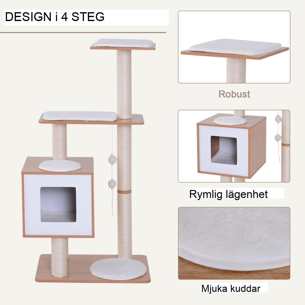 Kattträd i naturligt trä med sisal-krapstolpar och mysig plyschgrotta