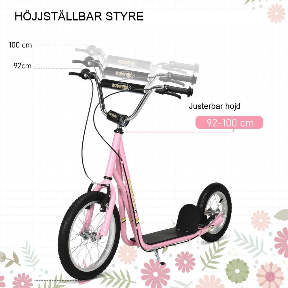 Rosa barnskoter med bromsar, justerbar höjd, 16/12 tums pneumatiska däck 5+ år