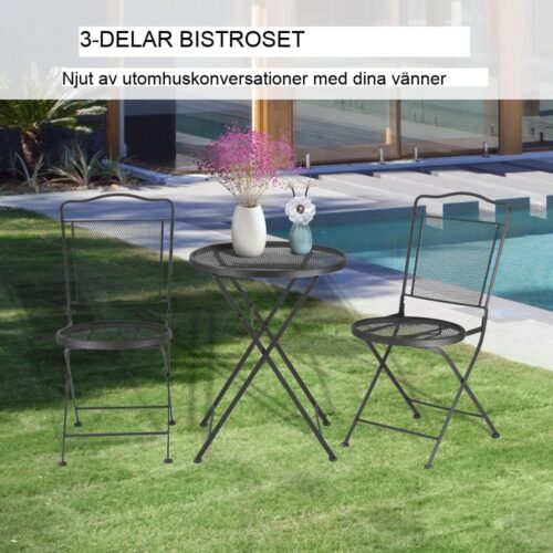 Black Metal Garden Bistro Set för 2 – Fällbart uteplatsbord och stolar