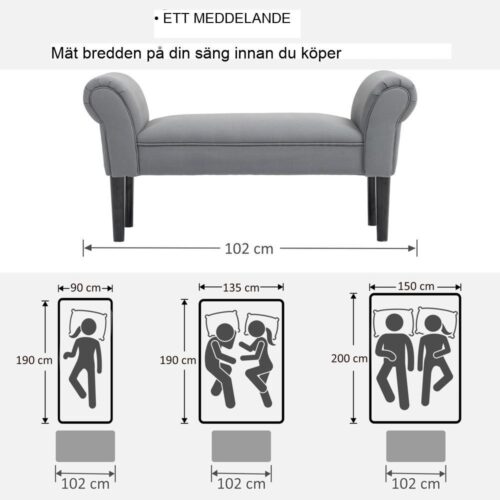 Mörkgrå stoppad bänk för sovrum eller hall – Upp till 130 kg kapacitet