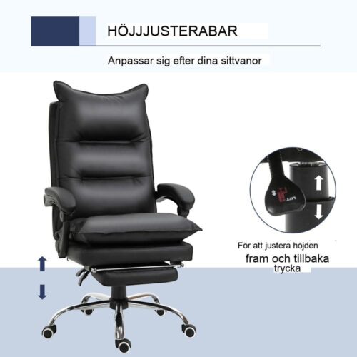 Ergonomisk justerbar kontorsstol med fotstöd, svart