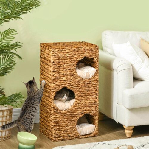 Vattenhyacinth Cat Scratching Tower med 3 grottor och kuddar