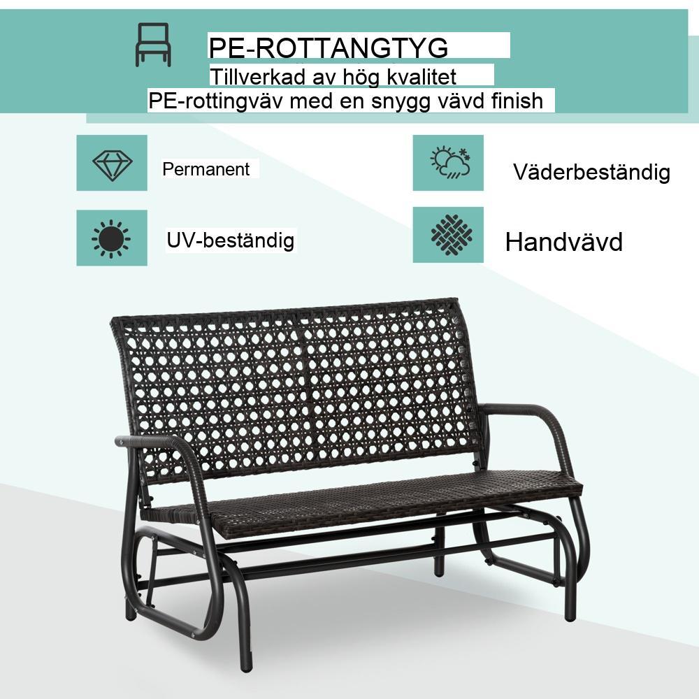 Snygg gungbänk i polyrattan för 2, utomhusterrass trädgård Loveseat