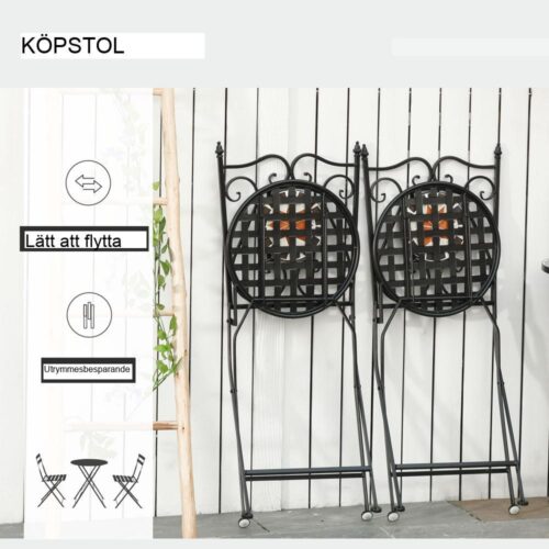 Mosaic Balcony Bistro Set för 2 med hopfällbara stolar och metallbord