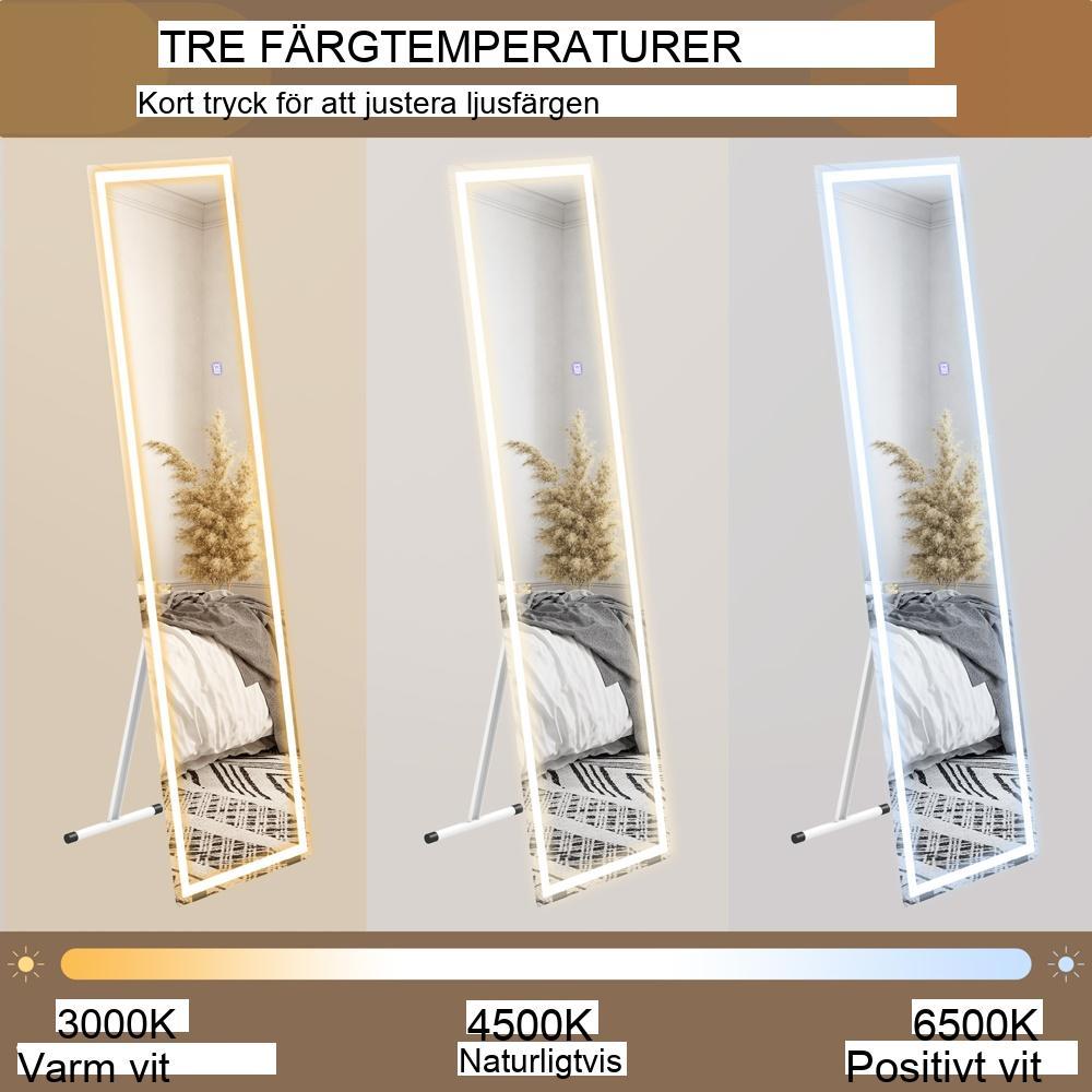 LED Hellängds stående och väggspegel, 3 ljusfärger, pekkontroll