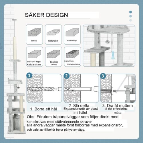 Justerbart kattträd från golv till tak med tippskydd – ljusgrå