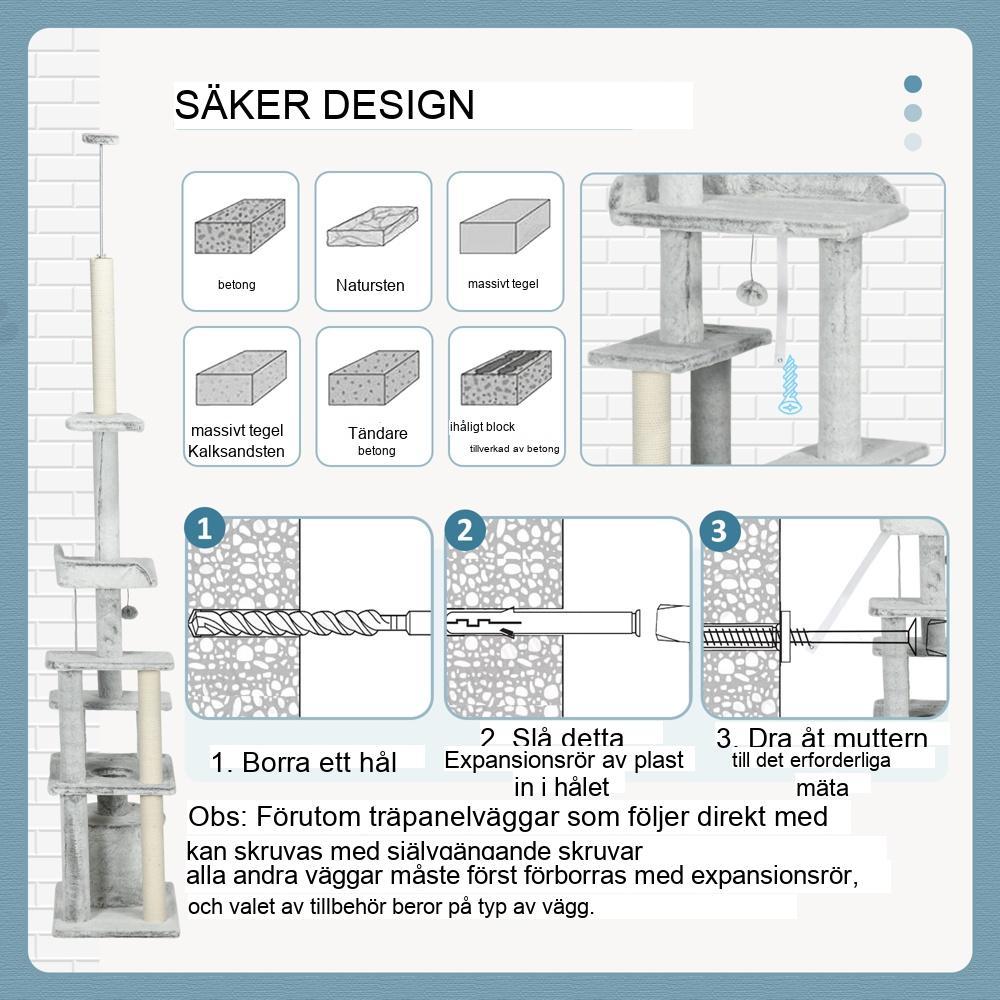 Justerbart kattträd från golv till tak med tippskydd – ljusgrå