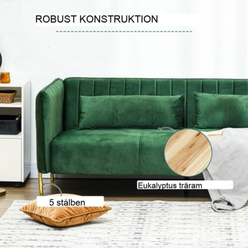 Green Velvet Retro 3-sits soffa med kuddar, 200cm