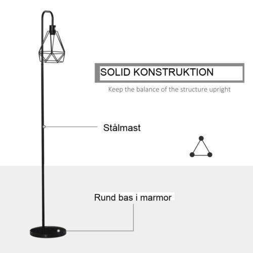 Golvlampa i industriell stil med marmorfot, svart E27-sockel i stål