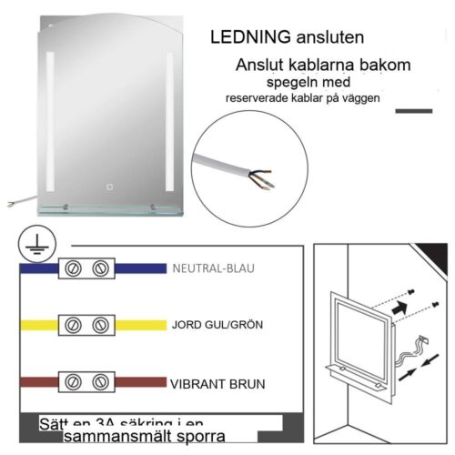 LED badrumsspegel i aluminium med beröringsljus, minnesfunktion och hylla, 50x70cm