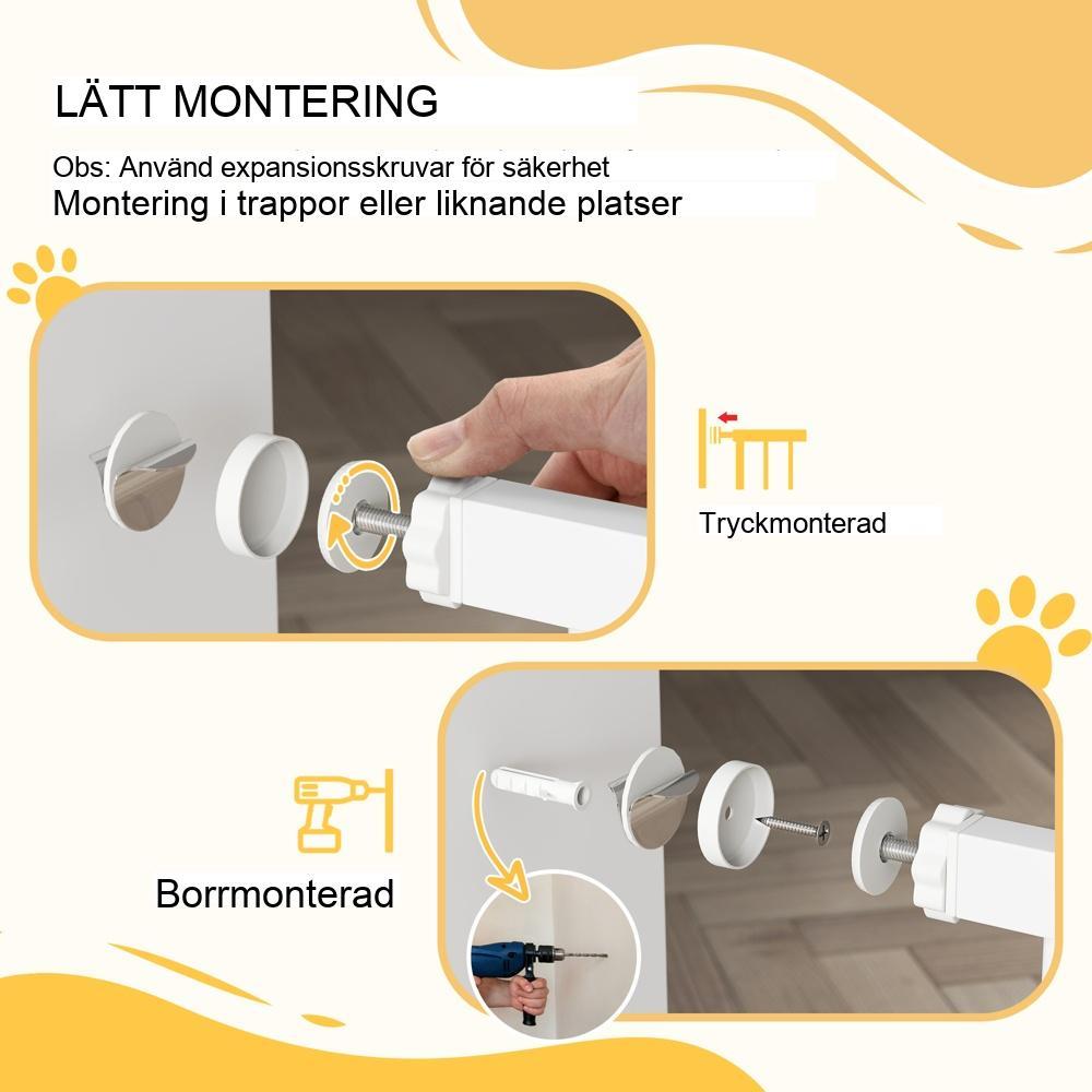Vit stålskyddsgrind för hund och katt, justerbar 76-104cm, ingen borrning