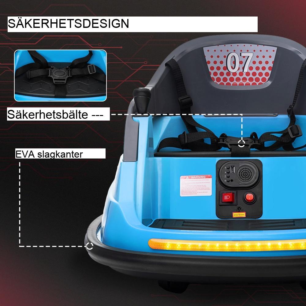 Elbil med elektrisk stötfångare för barn, musik och LED-ljus, 360° rotation, säkerhetsbälte