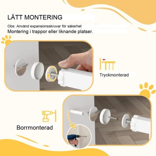 Hundskyddsgrind i vit stål, Justerbar 76-104cm, Ingen borrning, Låsbar