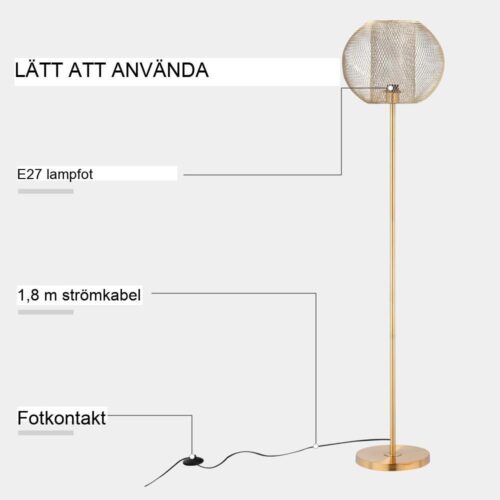 Guld metall rutnät golvlampa, vintage stil för sovrum vardagsrum