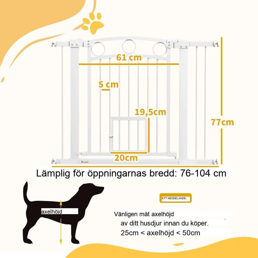 Vit justerbar trappgrind i stål med kattdörr, 76-104 cm bred