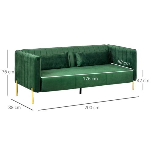 Green Velvet Retro 3-sits soffa med kuddar, 200cm