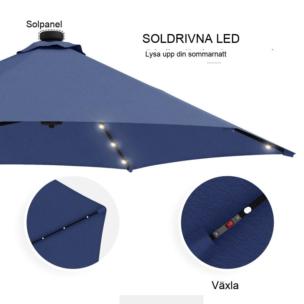 Solar LED Cantilever paraply, Ø290cm, vindtätt, handvev, mörkblå, med korsfot