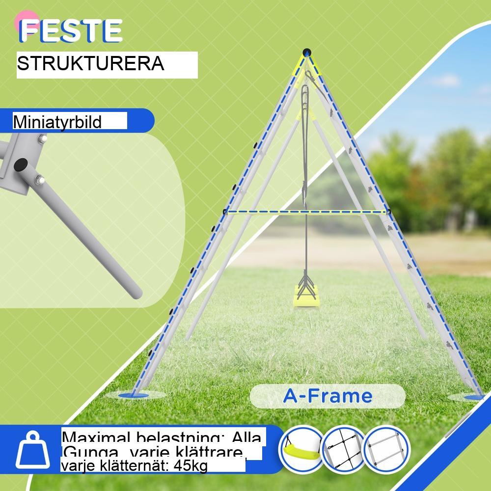 Gungsats i stål med rutschbanor klätternät och två gungor för barn 4 barn i åldrarna 3+