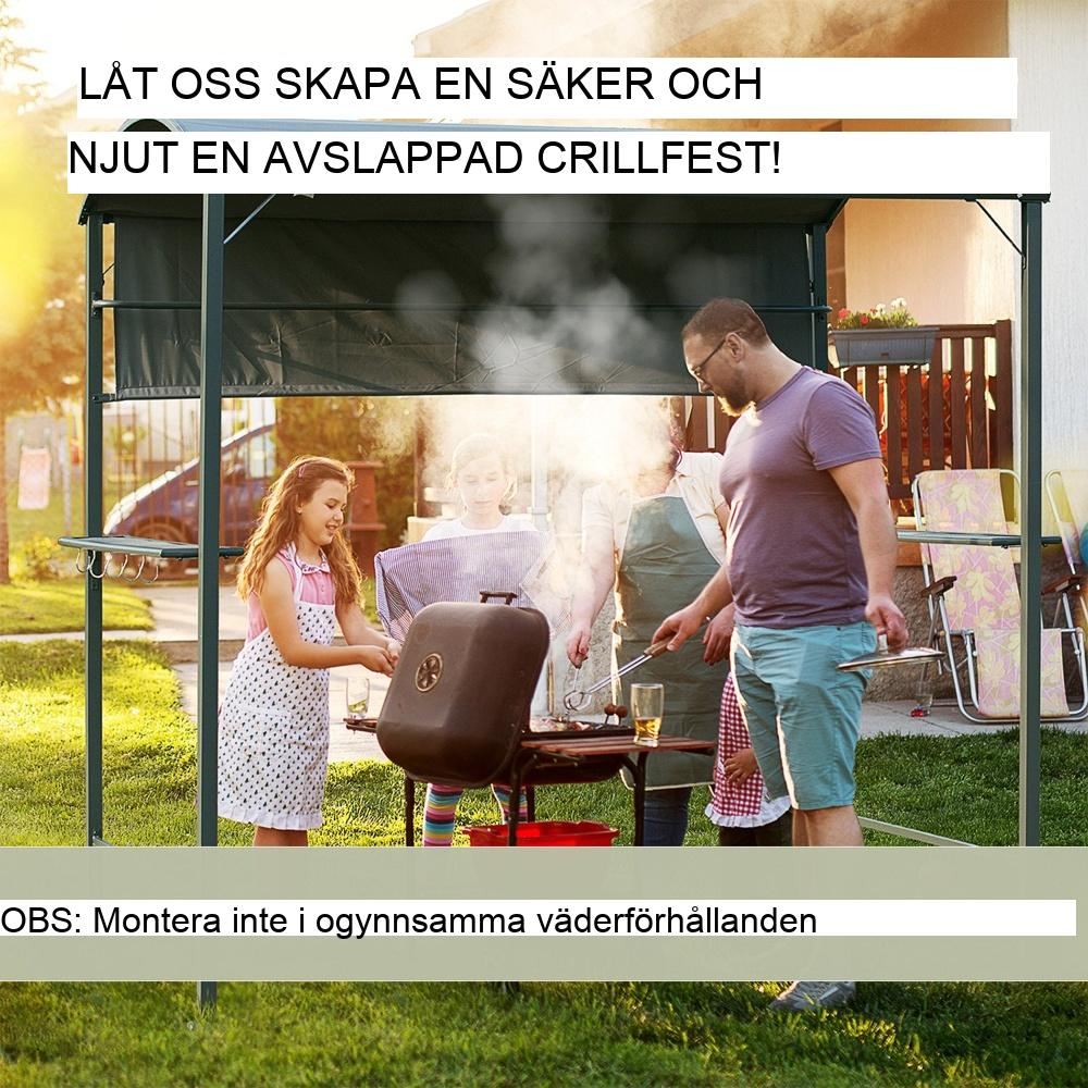 Svart grillpaviljong med flamskyddande tak och hyllor, 218x138cm