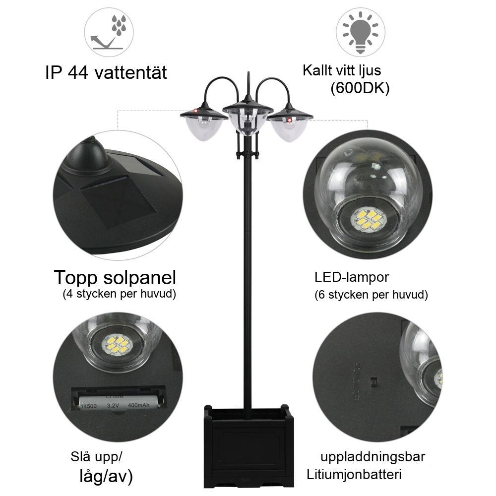 Solar Garden Light, 3-huvud LED-lampa med blomkruka, vattentät och hållbar