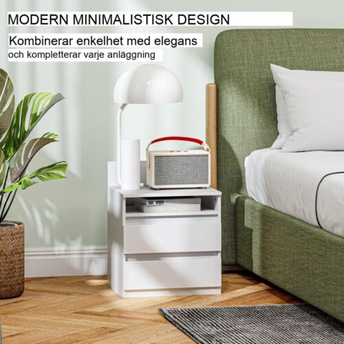 Vit minimalistiskt sängbord set om 2 med lådor och hylla